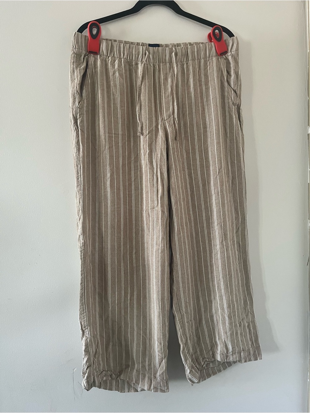 Gap Beige Tan Linen Blend Striped Wide Leg Pants Large Coastal Euro Summer Beach